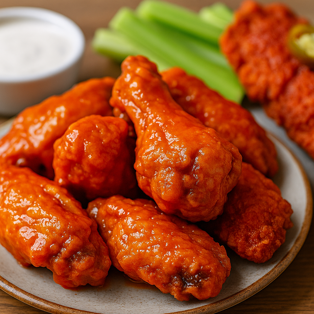Close-up of crispy Buffalo chicken wings coated in spicy sauce, served with celery sticks and a side of blue cheese dressing at Atomic Wings Houston.