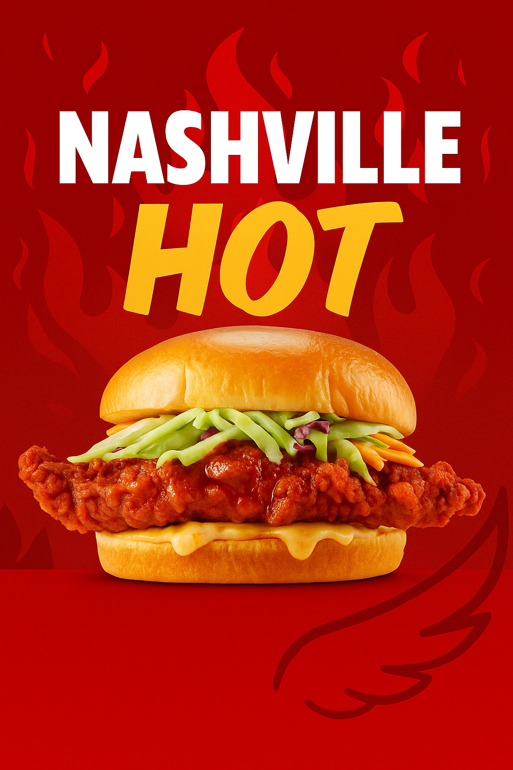 Atomic Wings’ Nashville Hot Chicken Sandwich combo, featuring a crispy sandwich with pickles, fresh-cut fries, and a drink on a vibrant background.