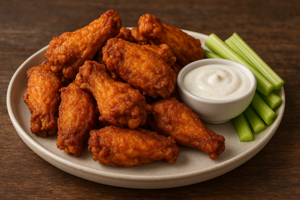 A plate of golden-brown crispy chicken wings served with a side of creamy dipping sauce and fresh celery sticks, placed on a rustic wooden table.