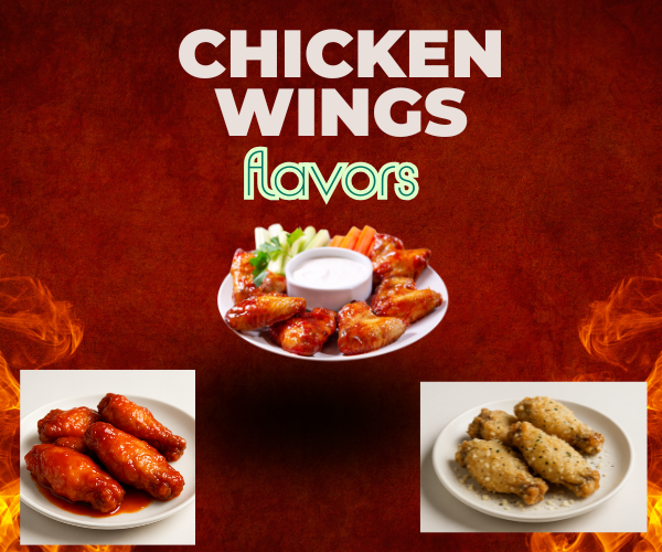 A serving of crispy chicken wings coated in mango habanero and garlic parmesan sauces, garnished with herbs and served with dipping sauce on a rustic wooden board.