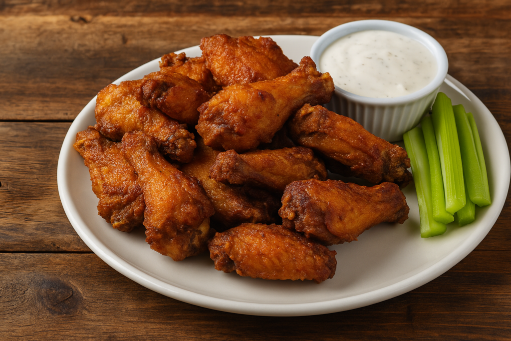 “A plate of crispy fried chicken wings served with dipping sauce and pickles on a white ceramic plate – Atomic Wings Houston”