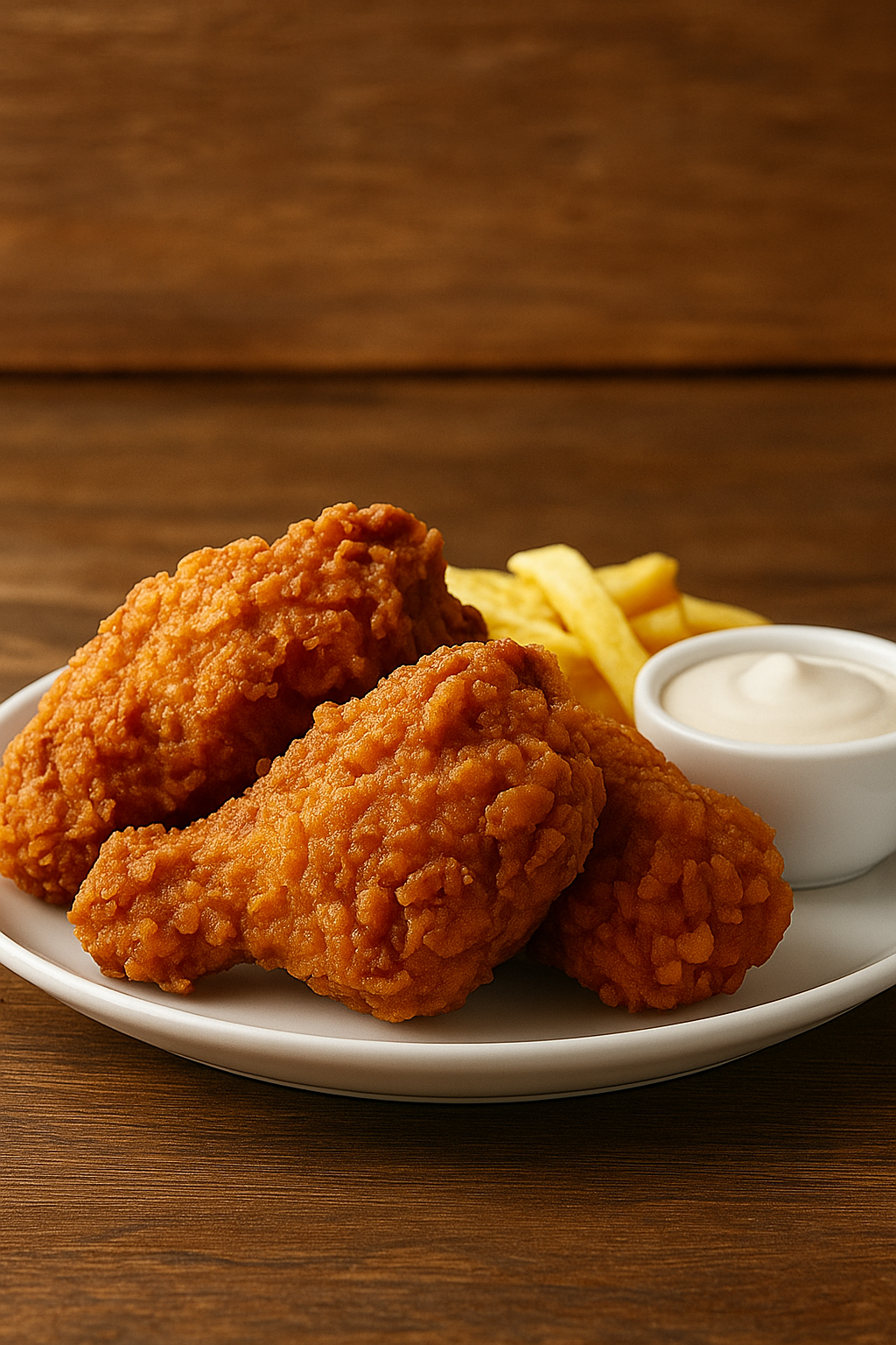 A close-up shot of crispy golden fried chicken served with fries and dipping sauce on a wooden tray, perfect for Houston food lovers craving bold flavor.