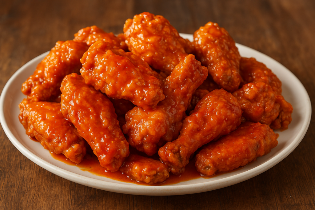 “Crispy fried chicken wings coated in spicy buffalo sauce served on a white plate at Atomic Wings Houston.”