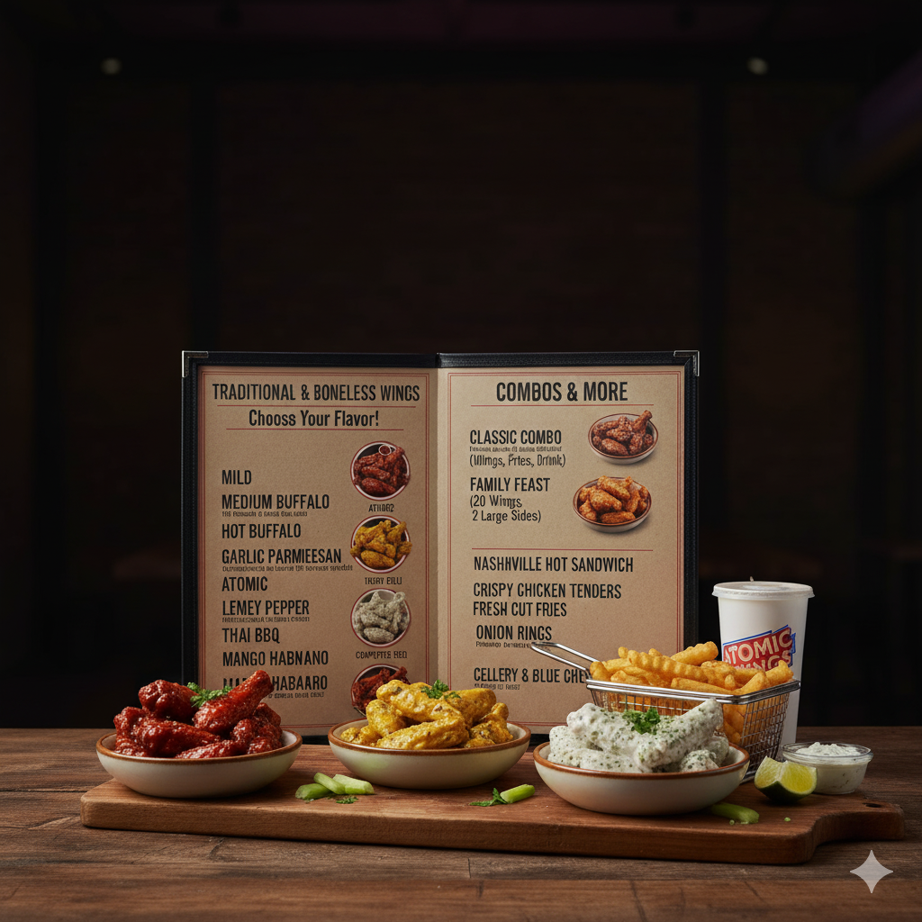 A food photograph showcasing the Atomic Wings menu board with multiple wing flavors and combos, accompanied by three bowls of sauced wings, french fries, a drink, and garnishes on a wooden board. 