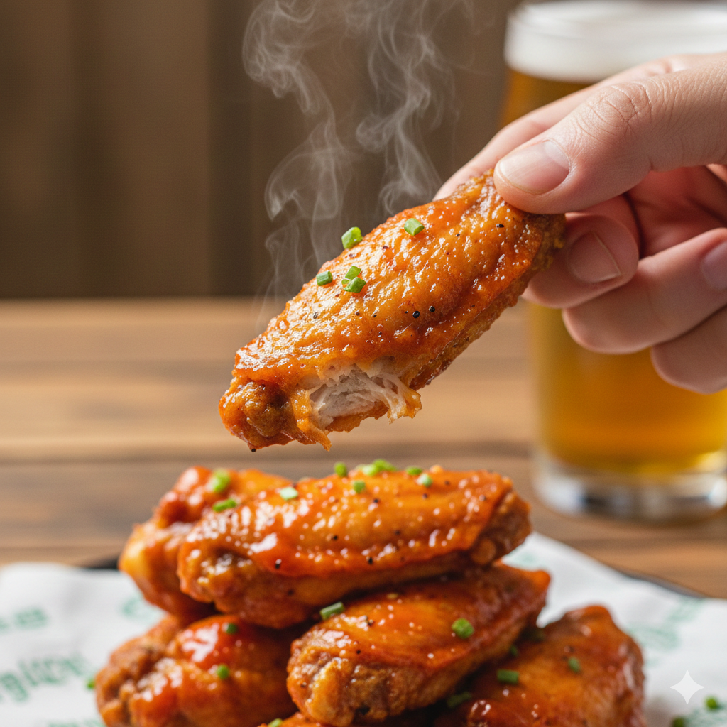 Close-up of a steaming hot wing, coated in vibrant orange sauce and sprinkled with green onions, held by a hand with a blurred beer in the background, showcasing juicy chicken and crispy skin