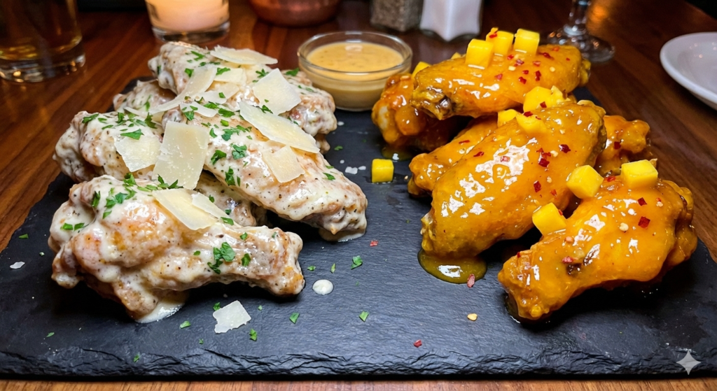 A gourmet chicken wings platter on a slate board, showcasing creamy Truffle Garlic Parmesan wings topped with shaved cheese alongside glossy Mango Habanero wings garnished with diced mango pieces in a restaurant setting.