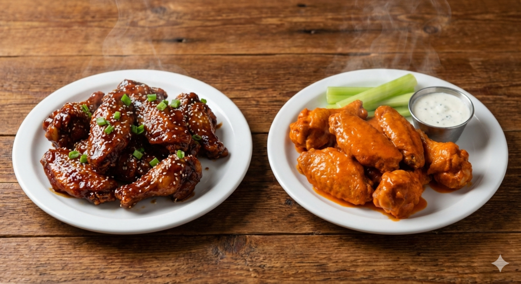 Two plates of steaming, fresh chicken wings featuring popular 2026 flavors: sticky Korean BBQ wings topped with sesame seeds and green onions on the left, and classic NYC-style Buffalo wings served with celery and blue cheese dip on the right.